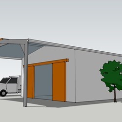 vista de uma oficina de automóvel em um pequeno hangar Delta, tamanho 8m de largura, 4m de altura, 17m de comprimento, o primeiro módulo é aberto o que cria uma marquise