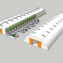 desenho dos 2 tipos de armazéns do conceito Galpão Express lado o a lado: Delta com telhado de duas águas e Omega com telhado redondo