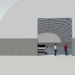 desenho de um galpão industrial de metal erguido sobre uma parede de concreto de 2m de altura (muro de sustentação ou contenção)